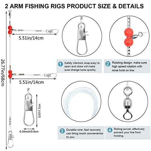 Diagram of 2 arm fishing rigs with product size and details.