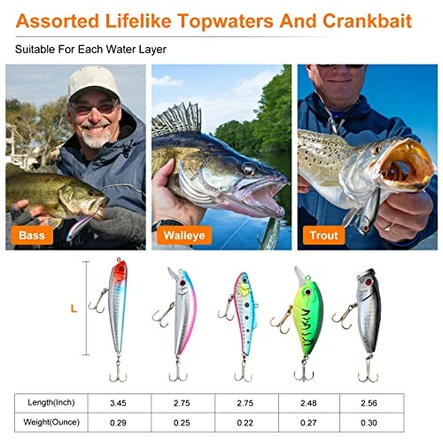 Assorted fishing lures for bass, walleye, and trout with size chart.