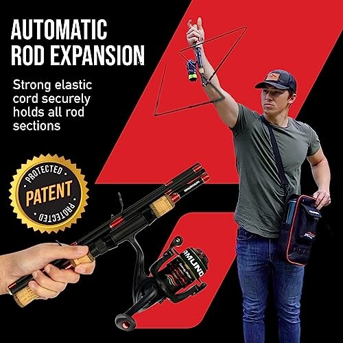 Man demonstrating automatic rod expansion with secure elastic cord.