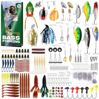 Assorted bass fishing lures and tackle set.