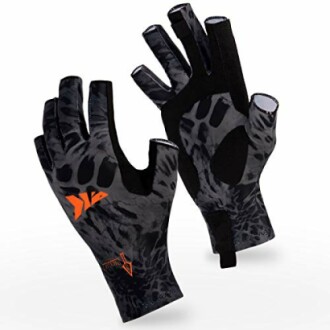 Pair of black fishing gloves with camo pattern and orange logo.