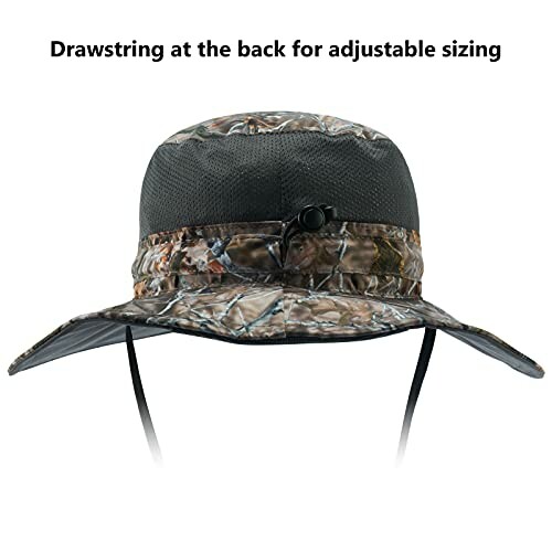 Camouflage bucket hat with drawstring for adjustable sizing.