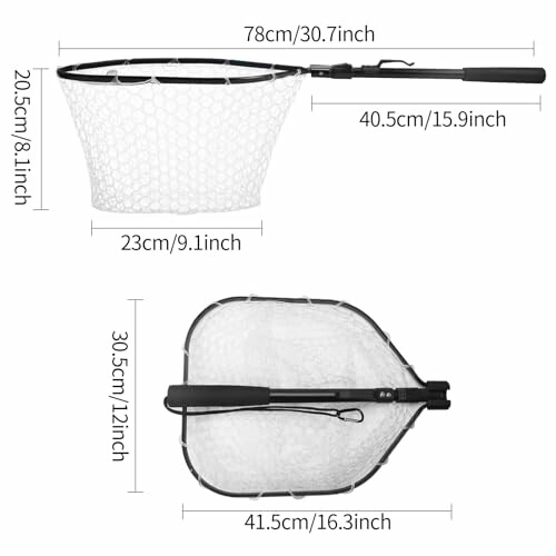 Collapsible fishing net with dimensions labeled.