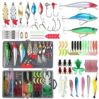 Assorted fishing lures and tackle in a kit.