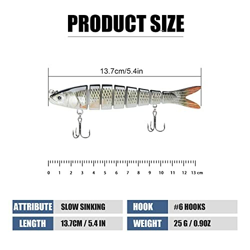Fishing lure with product size details and attributes.