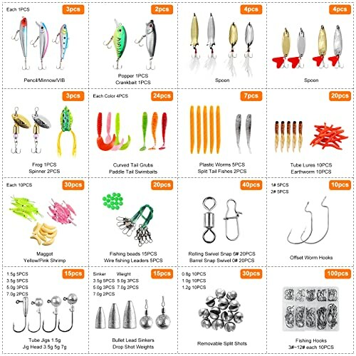 Assorted fishing lures and hooks in various colors and sizes, including spoons, grubs, and spinners.