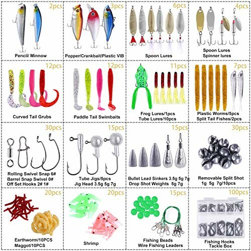 Assorted fishing lures and hooks set with various types and sizes.