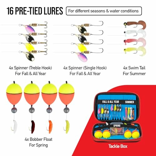 Set of 16 pre-tied fishing lures with spinners, swim tail, bobber float, and tackle box.