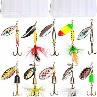Assorted colorful fishing lures with hooks.