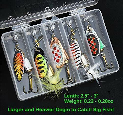 Set of colorful fishing lures in a transparent case.