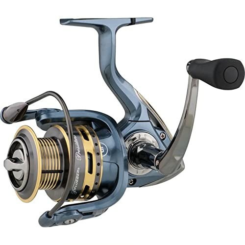 Blue and silver fishing reel with handle