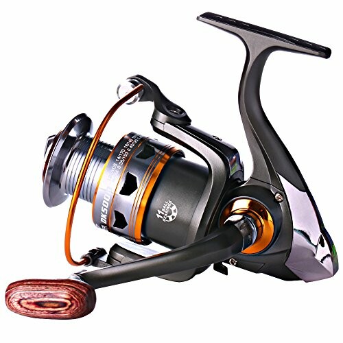 Close-up of a fishing reel with black and orange details.