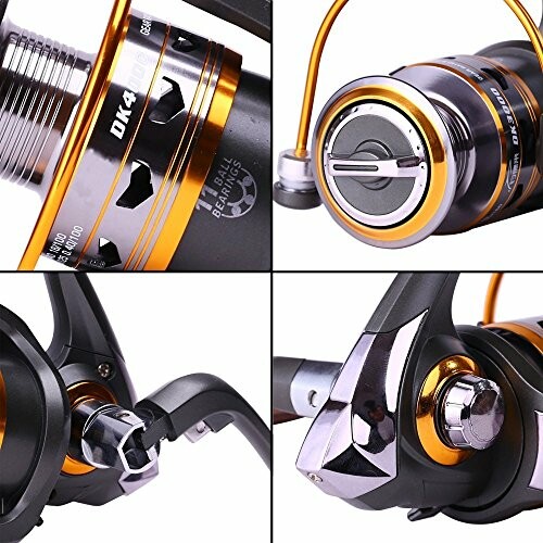 Close-up views of a fishing reel with gold and black details.