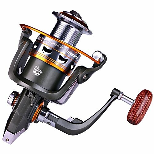 Metallic fishing reel with wooden handle and orange accents.