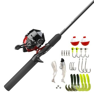 Fishing rod and tackle kit with hooks, lures, and bobbers.