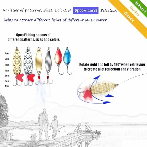 Varieties of fishing spoon lures with different patterns, sizes, and colors.