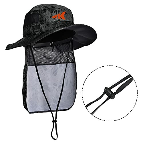 Black fishing sun hat with neck flap and adjustable cord.
