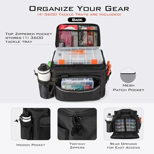 Fishing tackle bag with multiple compartments and tackle trays.