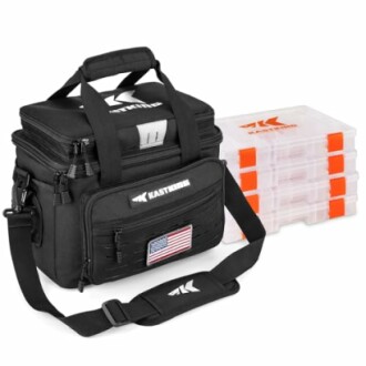Black fishing tackle bag with storage boxes and American flag patch.