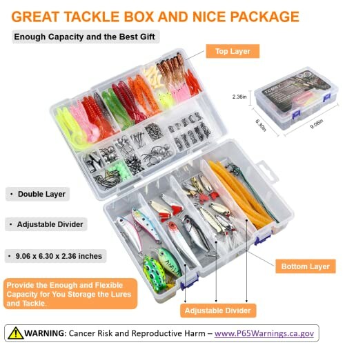 Double layer fishing tackle box with various lures and adjustable dividers.