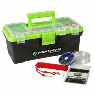 Fishing tackle box with accessories including line, hooks, and red cord.