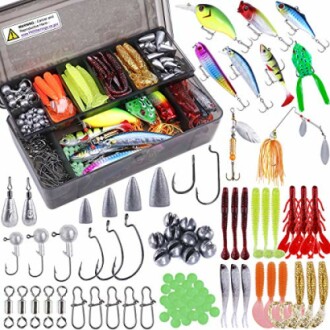 Assorted fishing tackle kit with lures, hooks, and weights.