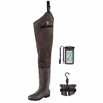 Fishing waders with waterproof phone case and hanger