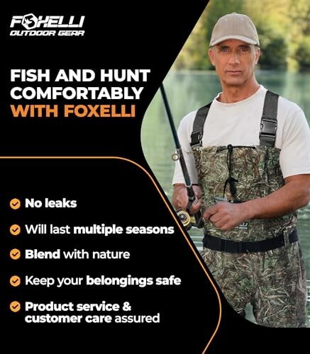 Man in camo gear fishing with Foxelli outdoor equipment.