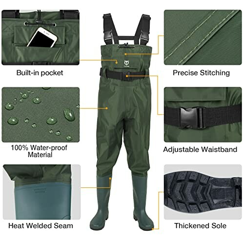 Features of green waterproof waders with built-in pocket, precise stitching, 100% waterproof material, adjustable waistband, heat welded seam, and thickened sole.