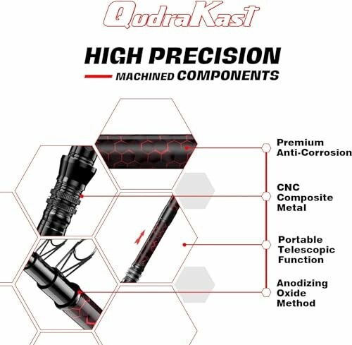 High precision machined components of a fishing rod with anti-corrosion and telescopic features.
