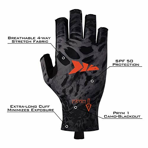 Hunting glove with camouflage design and labeled features.