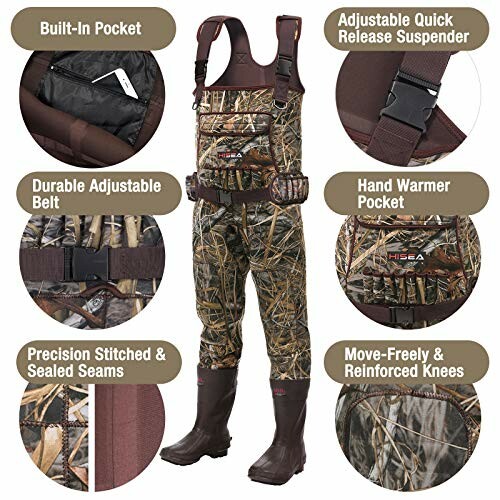 Hunting waders with built-in pocket, adjustable suspenders, durable belt, hand warmer pocket, stitched seams, reinforced knees.