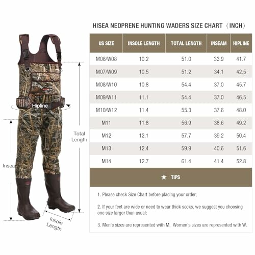Hunting waders size chart with measurements and tips.