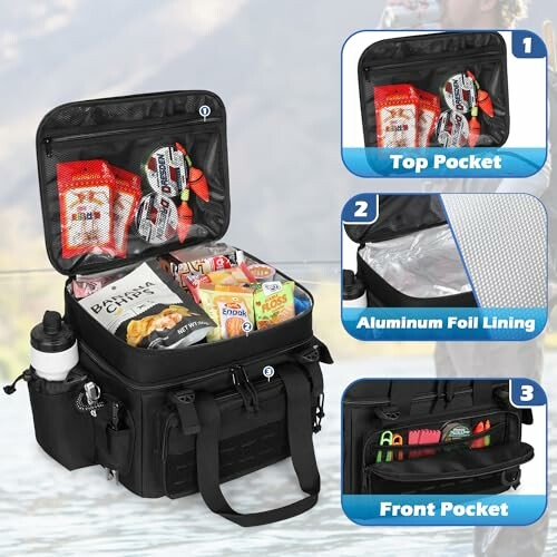 Insulated lunch bag with multiple pockets and food items inside.