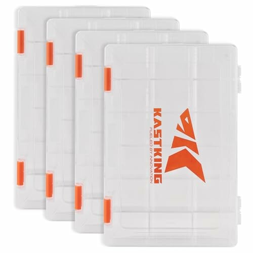 Set of four clear KastKing tackle boxes with orange accents.