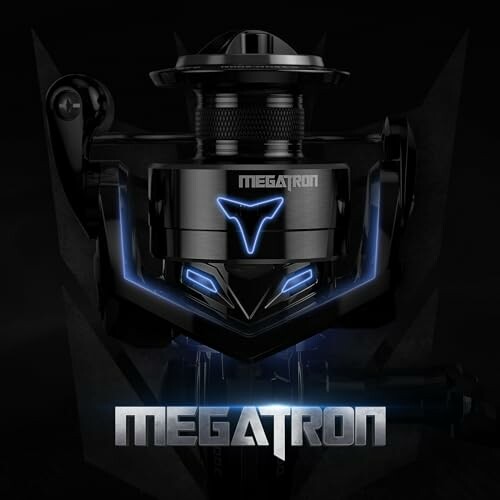 Black Megatron fishing reel with blue lighting accents