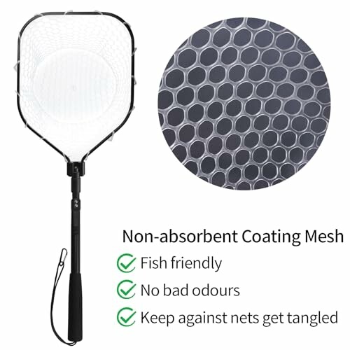 Fishing net with non-absorbent coating mesh, fish friendly, prevents odors and tangling.