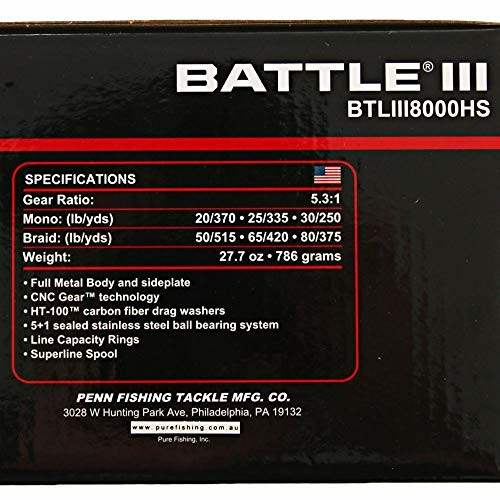 Specifications for Penn Battle III fishing reel.
