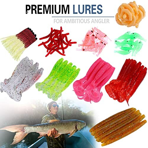 Assortment of colorful premium fishing lures with a fisherman holding a large fish.