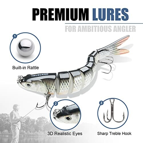 Premium fishing lure with built-in rattle, 3D eyes, and sharp treble hook.