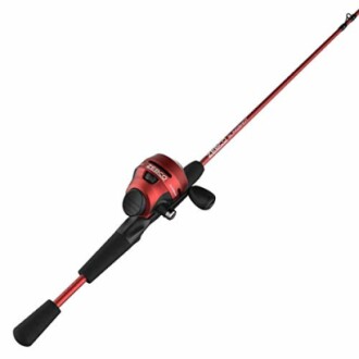 Red fishing rod with attached reel.