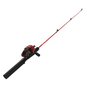 Red fishing rod with reel attached.