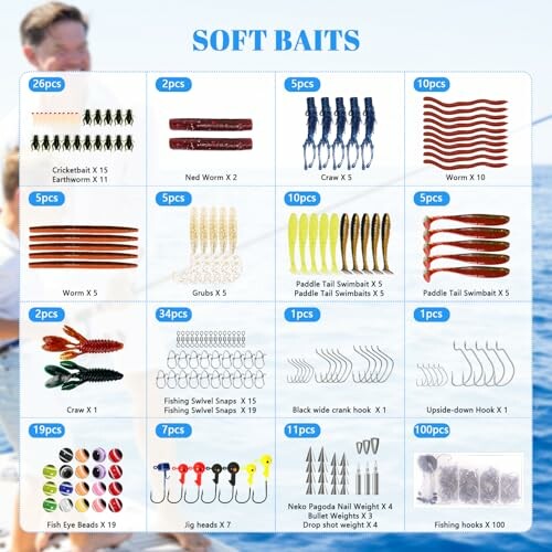 Assorted soft baits and fishing accessories.