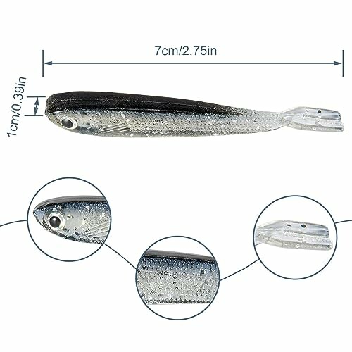 Soft plastic fishing lure with dimensions and details.