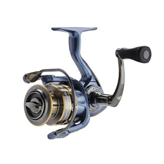 A blue and gold spinning fishing reel.