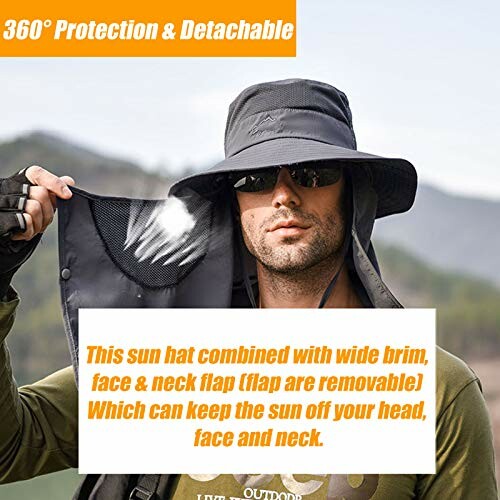 Man wearing a sun hat with detachable face and neck flap for sun protection.
