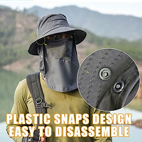 Person wearing a sun hat with a detachable face cover, featuring plastic snaps for easy disassembly.