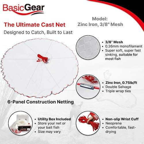 BasicGear cast net with zinc iron and 3/8 inch mesh, featuring 6-panel construction and accessories.