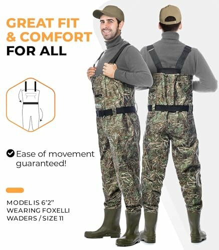 Man wearing camo waders showcasing fit and comfort.