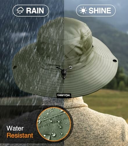 Water-resistant hat suitable for rain and shine.